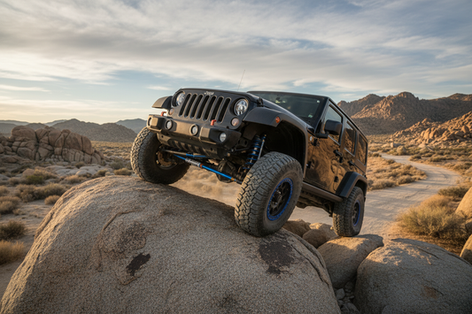JEEP WRANGLER CON SUSPENSIONES FOX SOBRE UNA ROCA