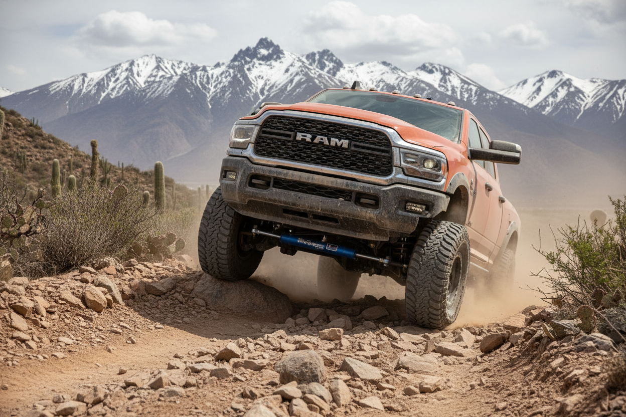 RAM 2500 CON AMORTIGUADOR DE DIRECCION INSTALADO EN AMBIENTE OFF ROAD DE CHILE